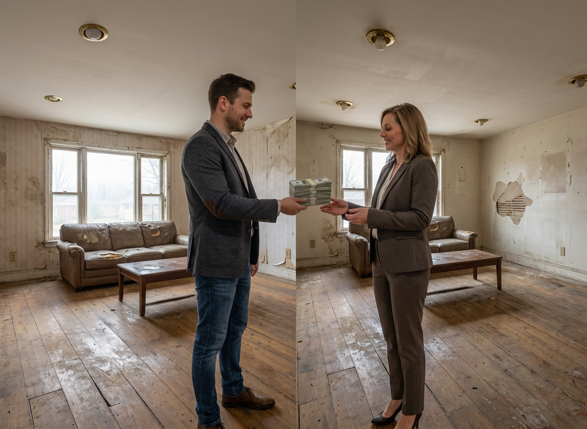A modest brick bungalow interior shown as a seamless left-right before-and-after transformation: on the left, stained carpet, outdated wallpaper, and dim yellowed lighting; on the right, the same room fully renovated with luxury vinyl plank flooring, neutral painted walls, recessed LED lighting, and a staged sofa and coffee table. Large windows allow soft daylight to wash across both versions, with the renovated side brighter and more inviting. Photographic realism, shot from a slightly elevated corner angle to capture depth. The mood is optimistic and professional, highlighting the potential when selling a fixer property to an experienced buyer.